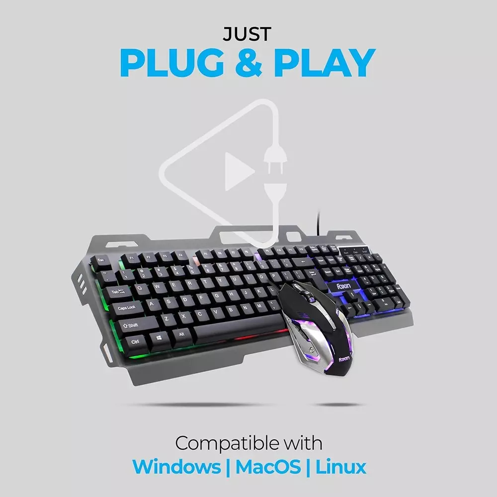 FOXIN Thunder Gaming Keyboard and Mouse Combo Rainbow Backlit Membrane Keyboard 104 Keys With Phone Holder
