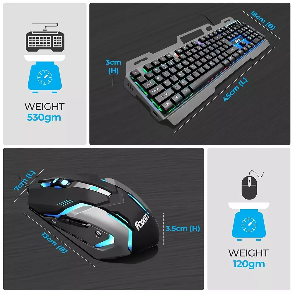 FOXIN Thunder Gaming Keyboard and Mouse Combo Rainbow Backlit Membrane Keyboard 104 Keys With Phone Holder