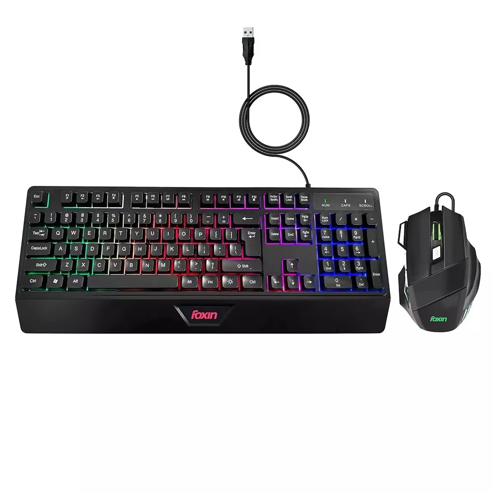 Foxin Endeavour Gaming Keyboard and Mouse Combo Wired RGB Rainbow Backlit Keyboard With 104 Keys & Wrist Rest (Pack of 5)