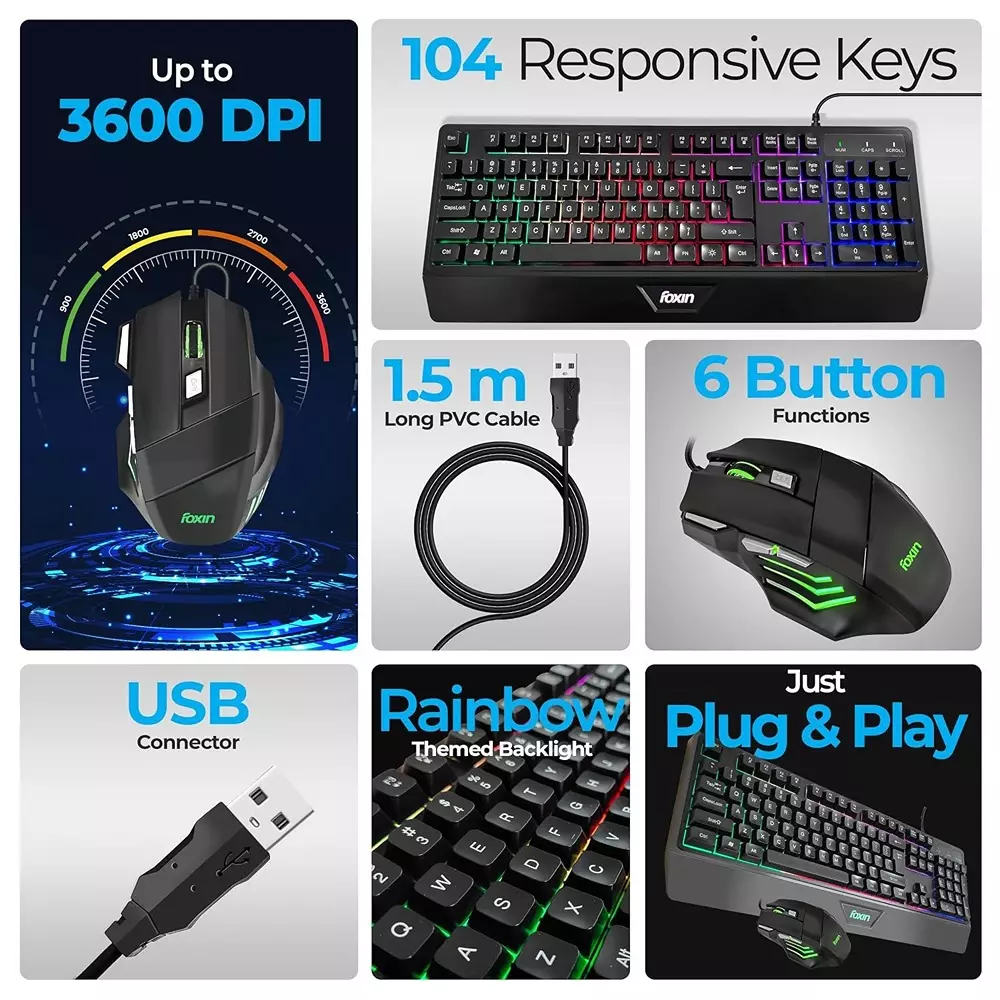 Foxin Endeavour Gaming Keyboard and Mouse Combo Wired RGB Rainbow Backlit Keyboard With 104 Keys & Wrist Rest (Pack of 5)