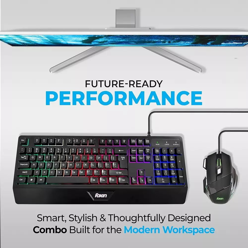 Foxin Endeavour Gaming Keyboard and Mouse Combo Wired RGB Rainbow Backlit Keyboard With 104 Keys & Wrist Rest (Pack of 5)