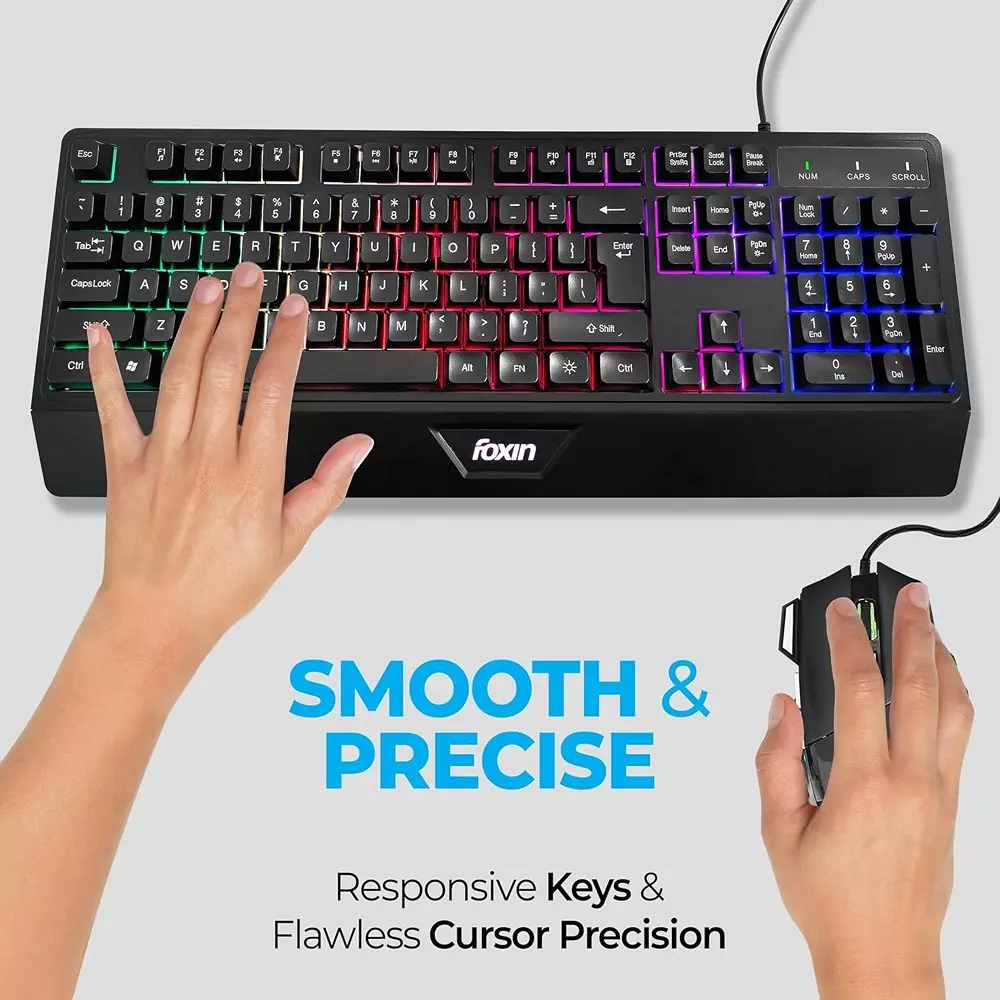 Foxin Endeavour Gaming Keyboard and Mouse Combo Wired RGB Rainbow Backlit Keyboard With 104 Keys & Wrist Rest (Pack of 5)