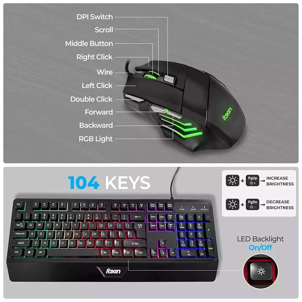 Foxin Endeavour Gaming Keyboard and Mouse Combo Wired RGB Rainbow Backlit Keyboard With 104 Keys & Wrist Rest (Pack of 5)