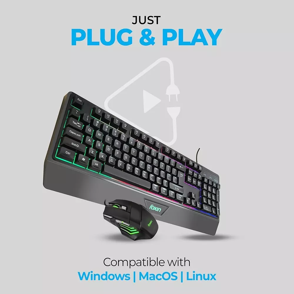 Foxin Endeavour Gaming Keyboard and Mouse Combo Wired RGB Rainbow Backlit Keyboard With 104 Keys & Wrist Rest (Pack of 5)