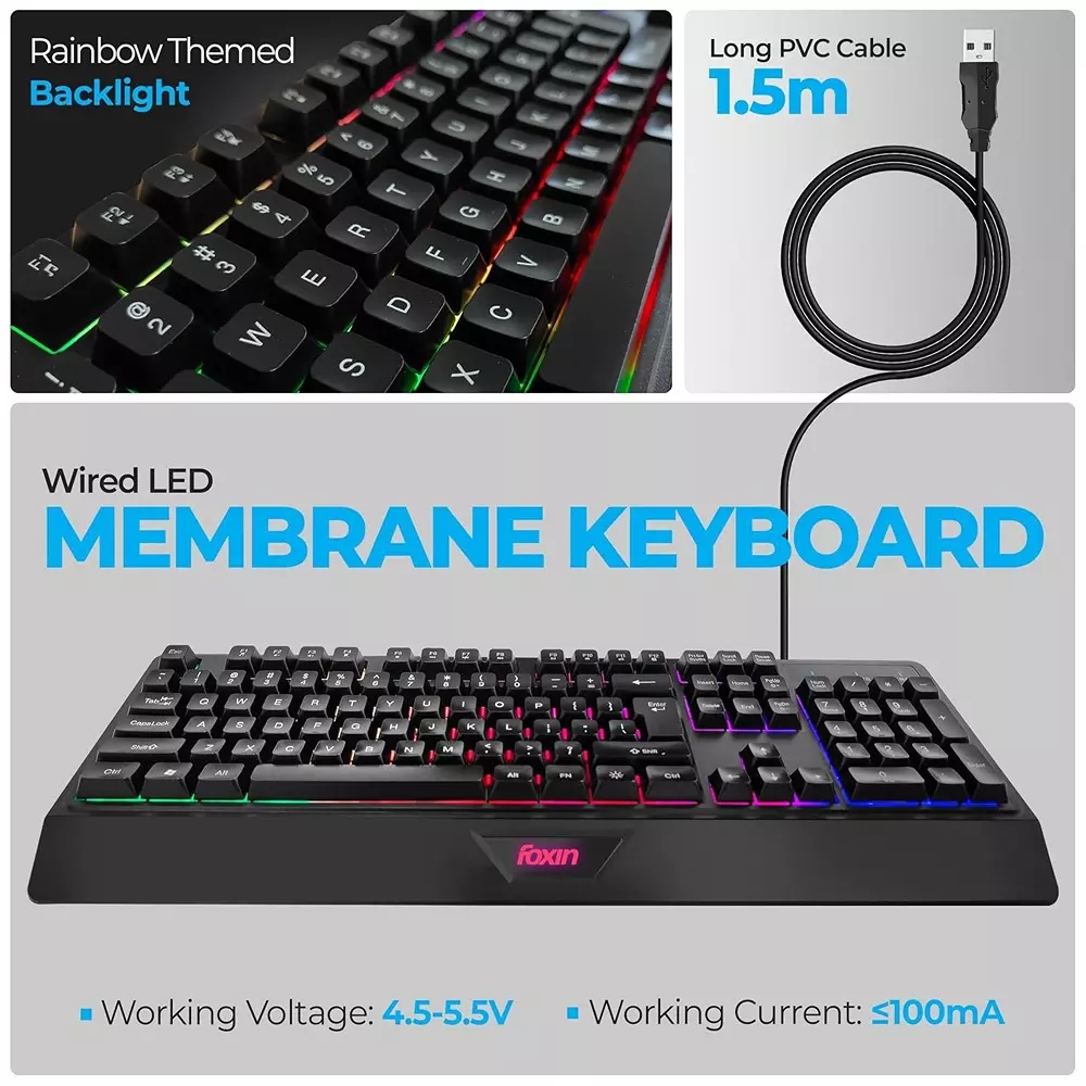 Foxin Endeavour Gaming Keyboard and Mouse Combo Wired RGB Rainbow Backlit Keyboard With 104 Keys & Wrist Rest (Pack of 5)