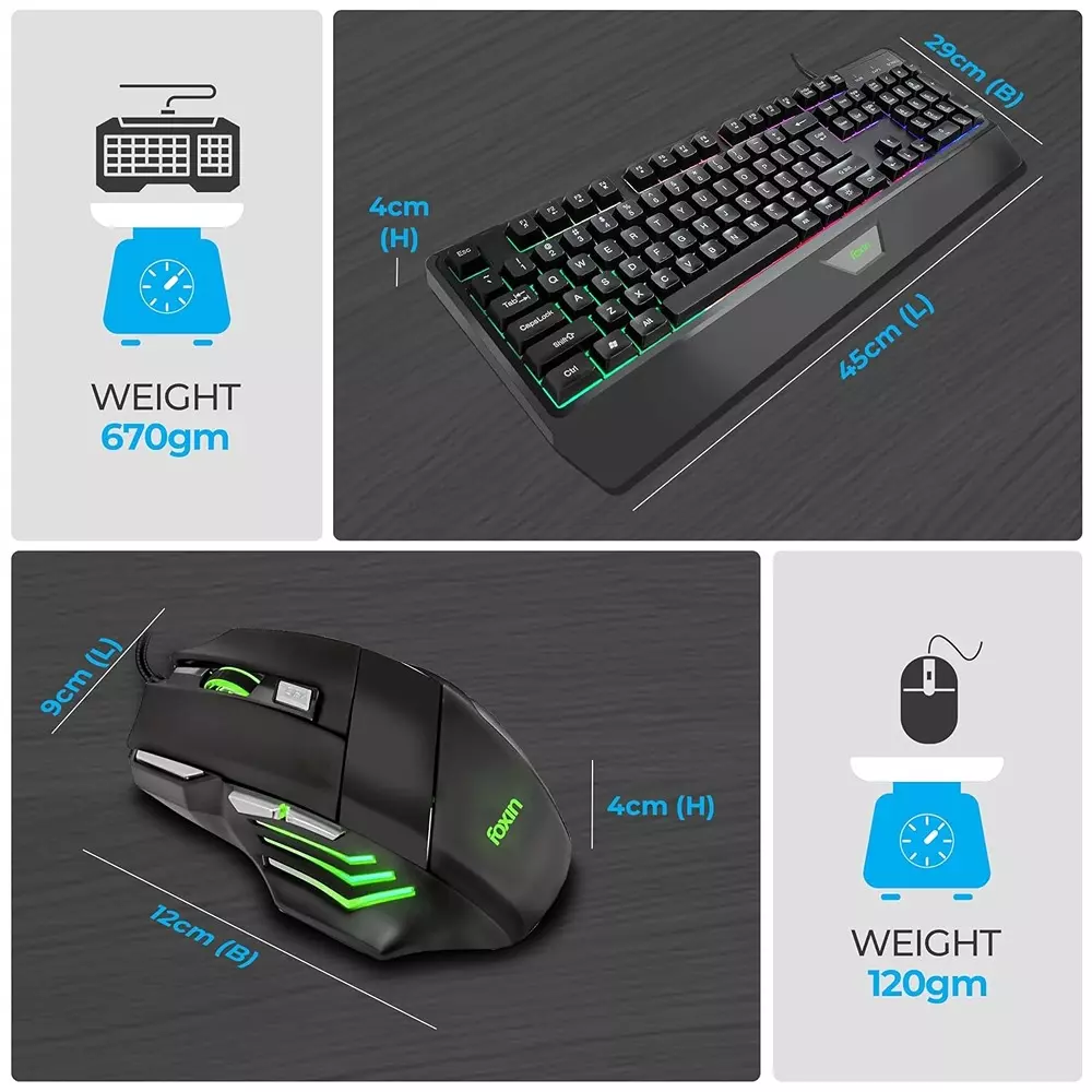 Foxin Endeavour Gaming Keyboard and Mouse Combo Wired RGB Rainbow Backlit Keyboard With 104 Keys & Wrist Rest (Pack of 5)
