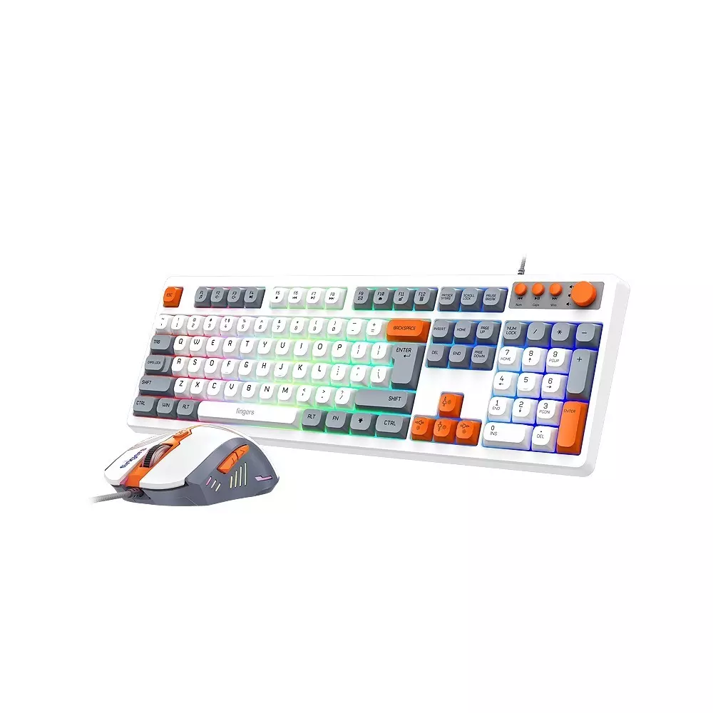 FINGERS Keyboard & Mouse Combo USB Port Interface 108 Keys (12 Media Keys) Classic White + Orange-Grey Accents Color, CubikCombo
