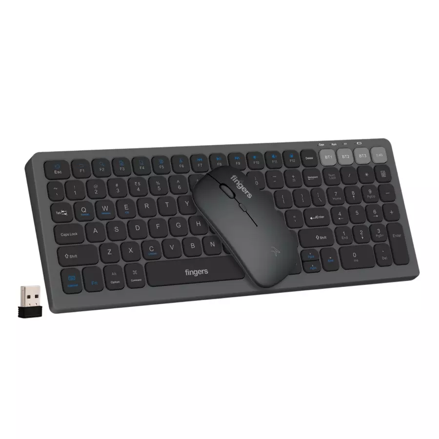 FINGERS Wireless Keyboard and Mouse Combo Kit Bluetooth and 2.4 GHz Wireless Technology 100 Keys and Up to 10 m Effective Range in Carbon Grey Color, ComboRegal-D4