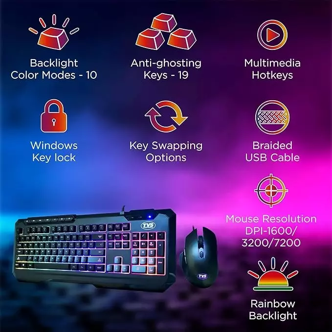 TVS Membrane Wired Gaming Keyboard & Mouse Black USB (Wired) Estimated up to 1600 / 3200 / 7200 DPI, Champ BLITZ Gaming Combo