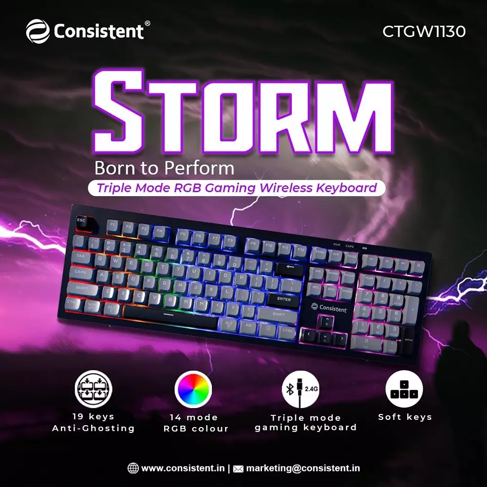 Consistent Storm Gaming Wireless Keyboard With 14 Mode RGB Color USB 19 Keys Anti-Ghosting Black