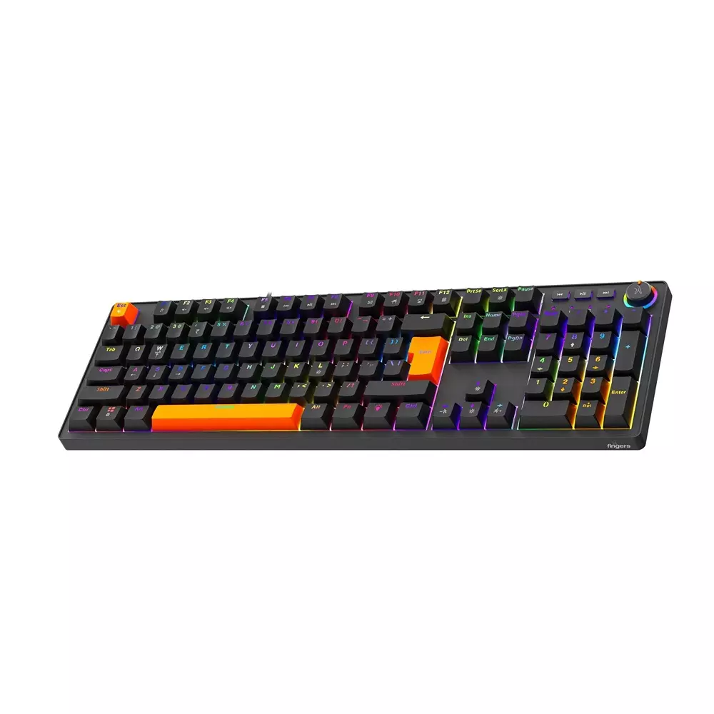 FINGERS Wired Keyboard Type-C USB Interface 104 Keys + 1 Knob (15 Media Keys) 50 million Life Cycles Switch Life Dual-Tone: Black + Orange Color, Macho-MK1