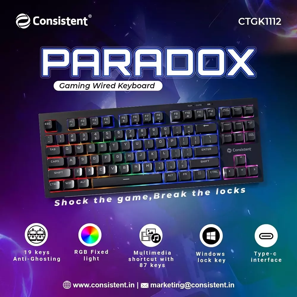 Consistent Paradox Gaming Wired Keyboard With RGB Lights USB 19 Keys Anti-Ghosting Black