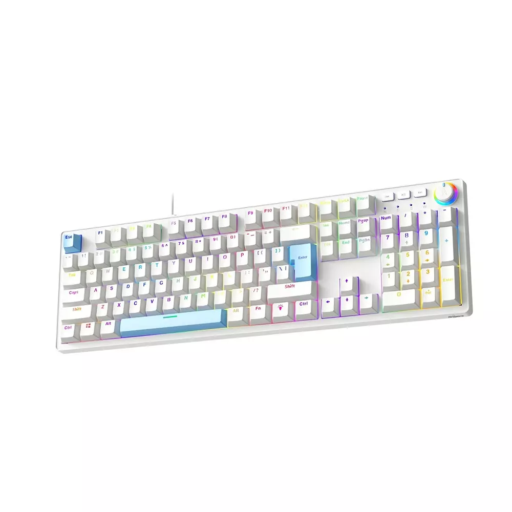 FINGERS Wired Keyboard Type-C USB Interface 104 Keys + 1 Knob (15 Media Keys) 50 million Life Cycles Switch Life Dual-Tone: White + Blue Color, Macho-MK1