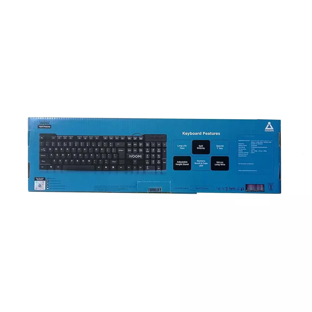 Ivoomi Quest USB Keyboard Black Wired Ambidextrous for Laptop & PC, IV-WRK104