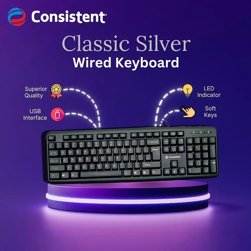 Consistent Classic Silver Wired Keyboard 102 Keys Spill-Resistant Black, SK101