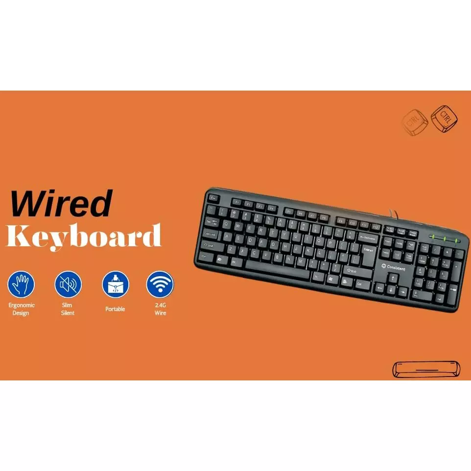 Consistent Classic Silver Wired Keyboard 102 Keys Spill-Resistant Black, SK101