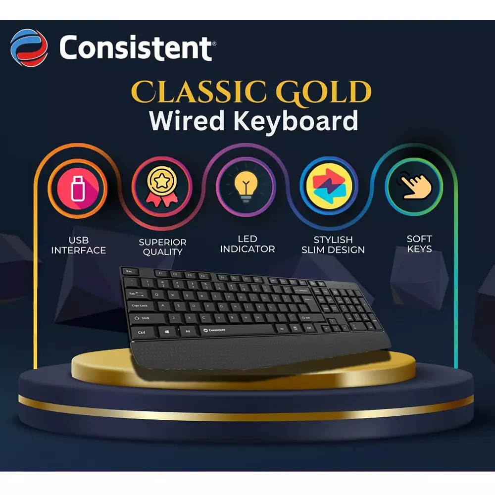 Consistent Classic Gold Wired Keyboard 102 Keys Spill-Resistant Black, SK102
