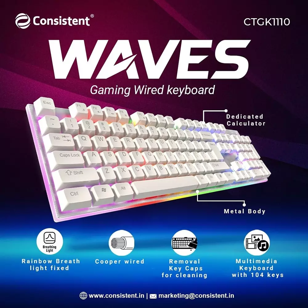 Consistent Waves Gaming Wired Keyboard With RGB Lights USB Anti-Ghosting White