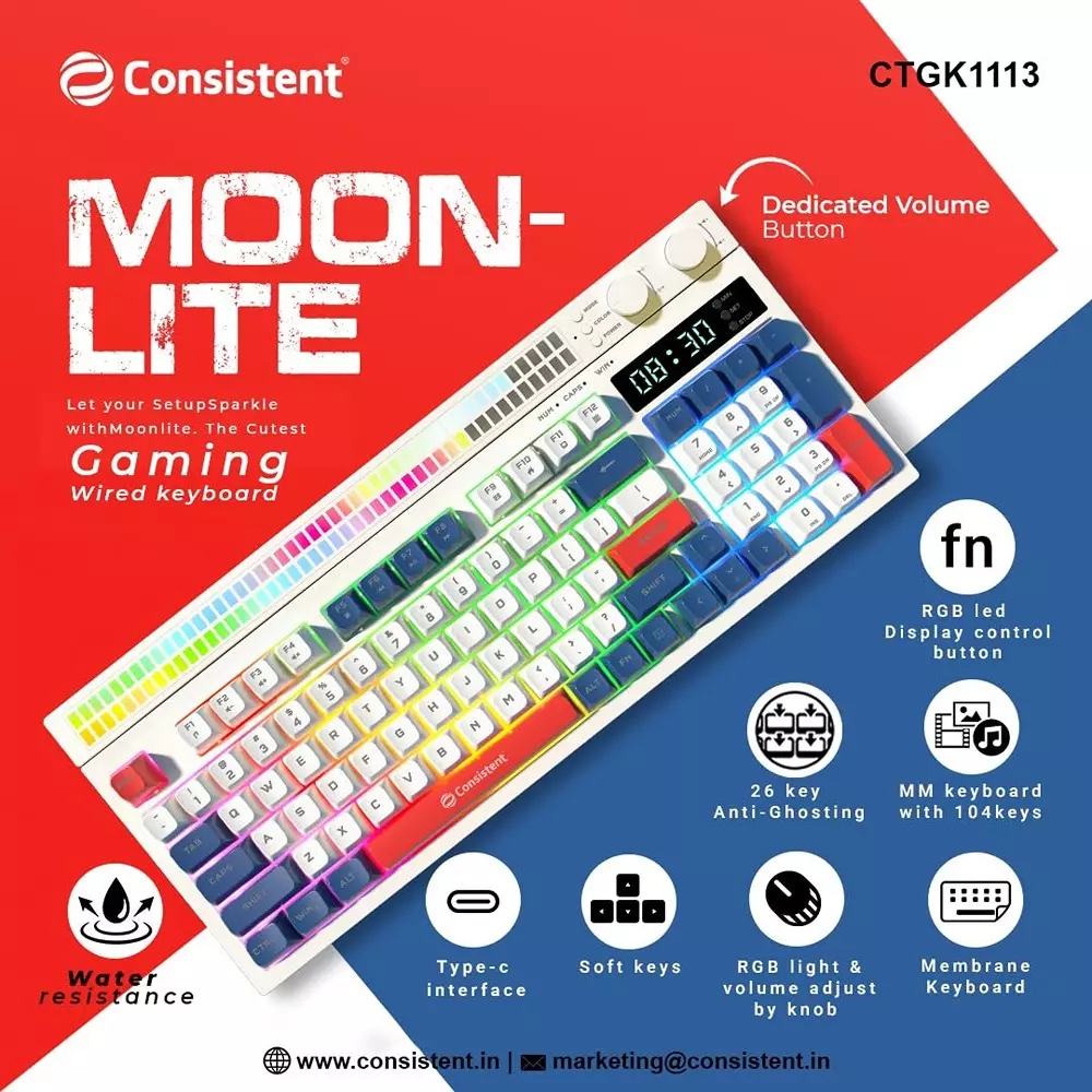 Consistent Moonlite Gaming Wired Keyboard With RGB Light Control Knob USB 26 Keys Anti-Ghosting White