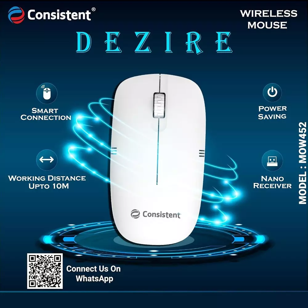 Consistent Dezire Wireless Mouse 2 Button White with 2.4 GHz USB Nano Receiver, MOW452