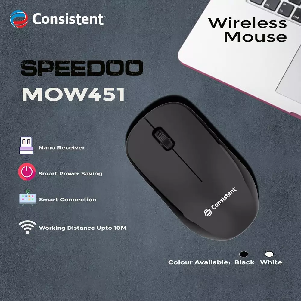 Consistent Speedoo Wireless Mouse 2 Button Black with 2.4 GHz USB Nano Receiver, MOW451