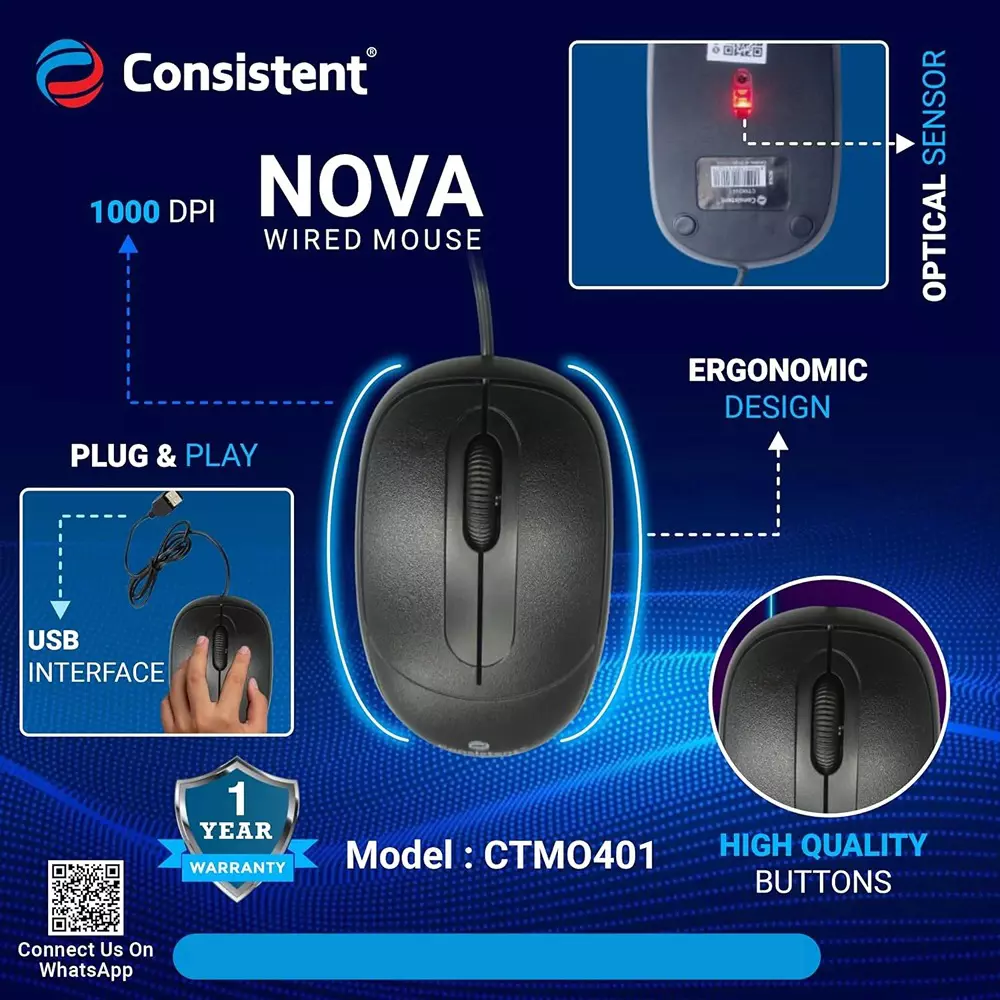 Consistent Nova Wired Mouse 1000 DPI Ergonomic Design with Optical Sensor, CTM0401