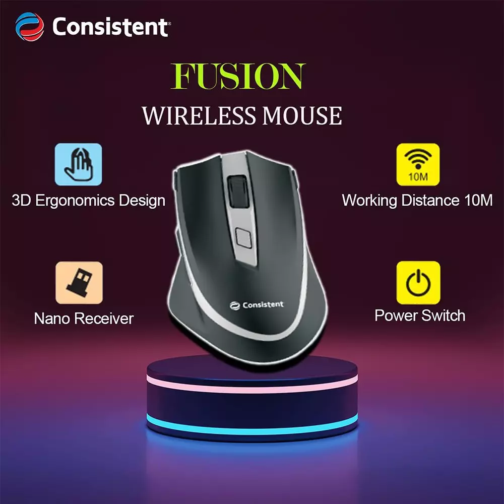 Consistent Fusion Wireless Mouse 2 Button Black with 2.4 GHz USB Nano Receiver, MG1151