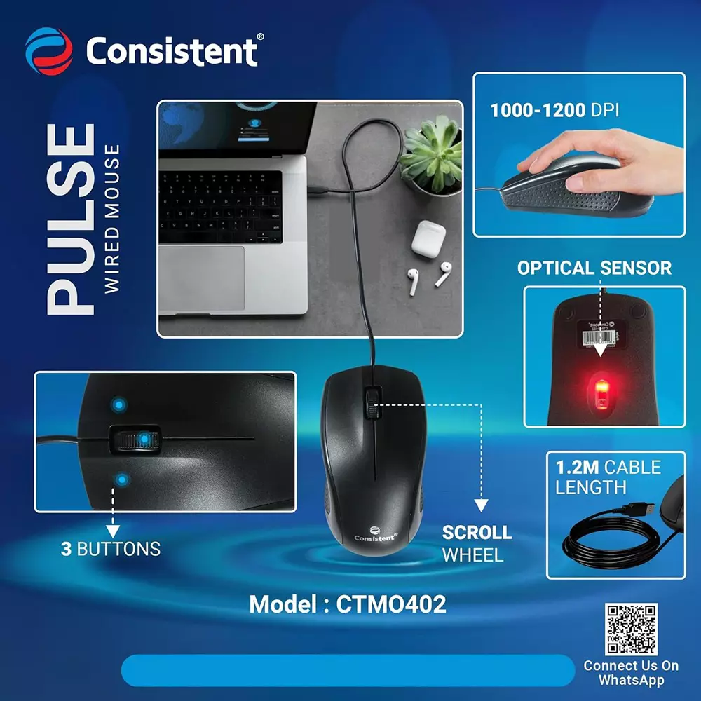 Consistent Pulse Wired Mouse 1000-1200 DPI Ergonomic Design with Optical Sensor, CTM0402