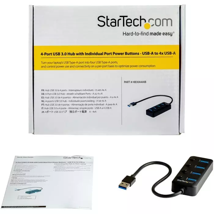 StarTech.com USB Hub 4 Ports USB 3.0 USB-A 85 mm x 34.9 mm x 1.9 cm, HB30A4AIB