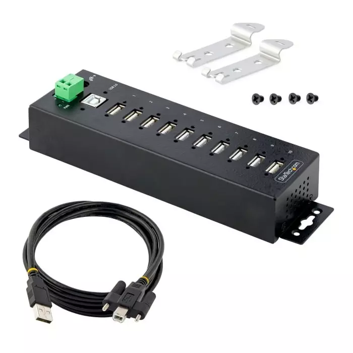 StarTech.com USB Hub 10 Ports USB 2.0 USB-A Terminal Connector Powered 19.8x3.1x5.6 cm, USB210AIND-USB-A-HUB
