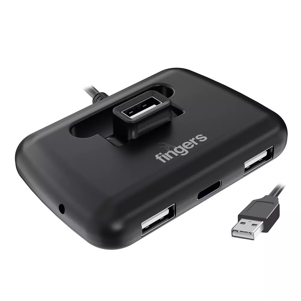 FINGERS USB Hub USB Interface 4 Ports (3 x USB 2.0 + 1 x Type-C 2.0) Jet Piano Black Color, Quadrant-CU2.0