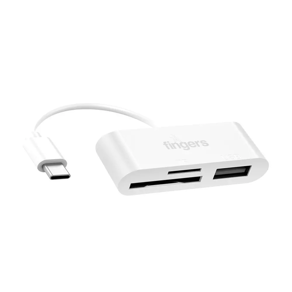 FINGERS USB Hub Type-C 2.0 Interface 3 Ports (SD Card + MicroSD + USB 2.0 Classic) White Color, Compacto
