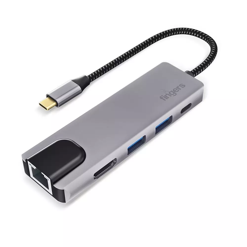 FINGERS USB Hub USB Type-C Interface 5 Ports (2 x USB 3.0 + HD Interface + Giga LAN + USB Type-C) Space Grey Color, UltimoDock 5-in-1