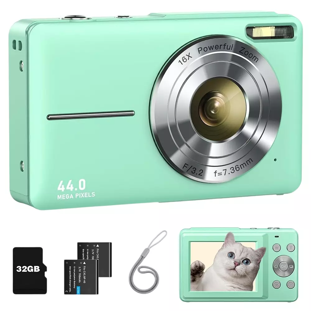 Divine 1080p Digital Camera 44 MP 16X Powefull Zoom Light Green with 32 GB Card and Anti Shake DC403-LF