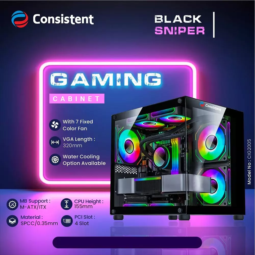 Consistent Sniper Gaming Cabinet Black Supports Micro ATX/ITX Motherboard, CIG2005