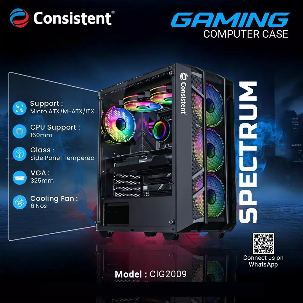 Consistent Spectrum Gaming Cabinet Black Supports Micro ATX/Mini ATX/ITX Motherboard, CIG2009