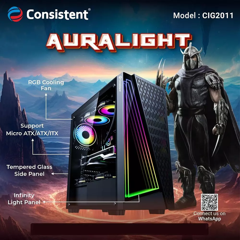 Consistent Auralight Gaming Cabinet Black Supports Micro ATX/ATX/ITX Motherboard, CIG2011
