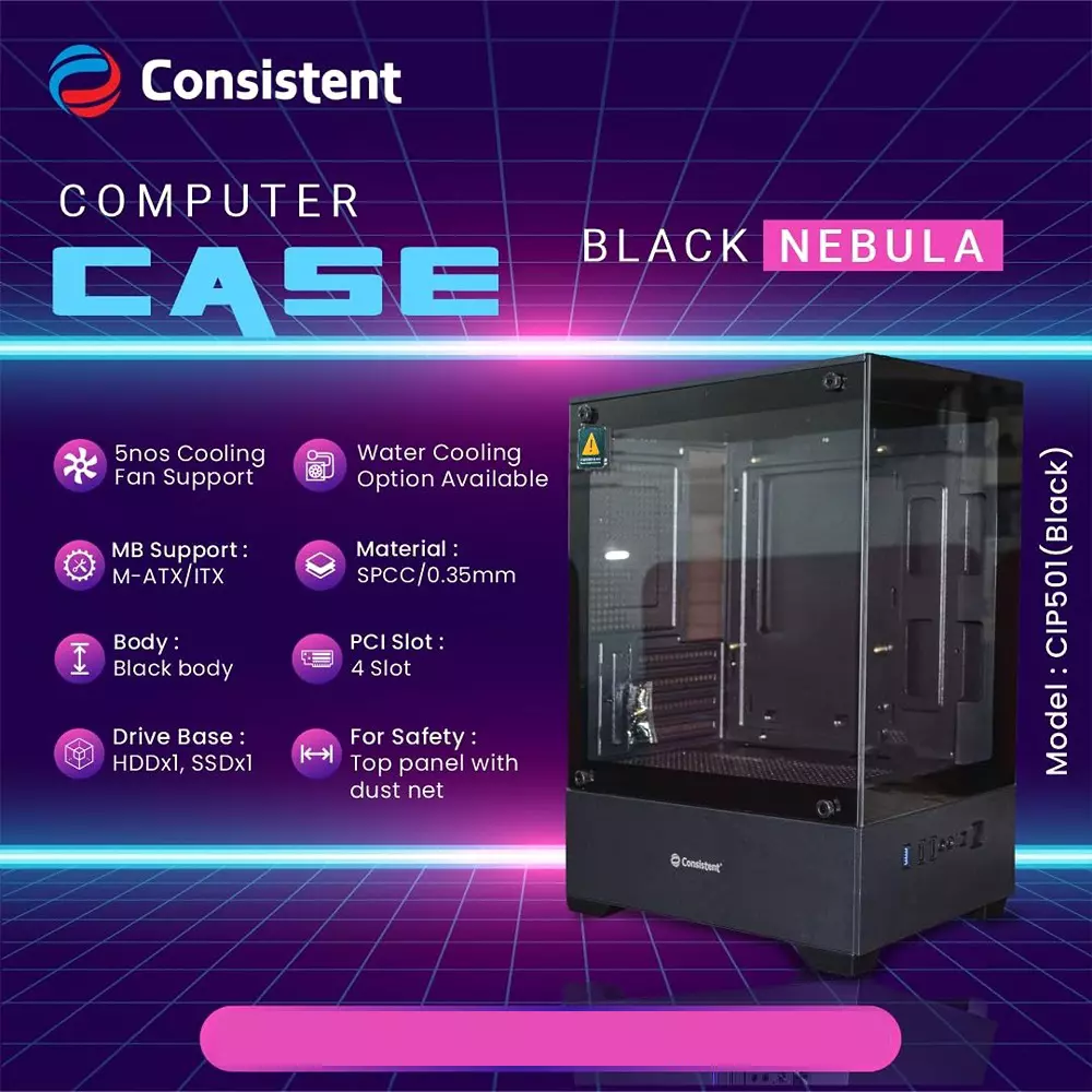 Consistent Nebula Computer Cabinet Black Supports Micro ATX/Mini ATX/Mini-ITX Motherboard, CIP501