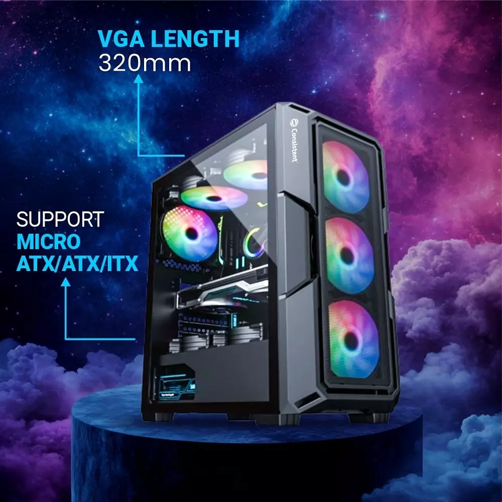 Consistent Lunar Gaming Cabinet Black Supports Micro ATX/ATX/ITX Motherboard, CIG2010