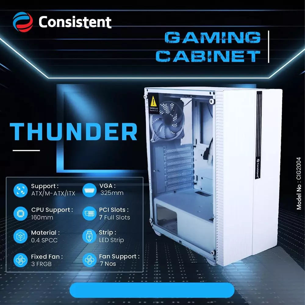 Consistent Thunder Gaming Cabinet Silver Supports Micro ATX Motherboard, CIG2004