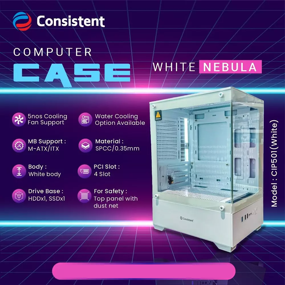 Consistent Nebula Computer Cabinet White Supports Micro ATX/Mini ATX/Mini-ITX Motherboard, CIP501
