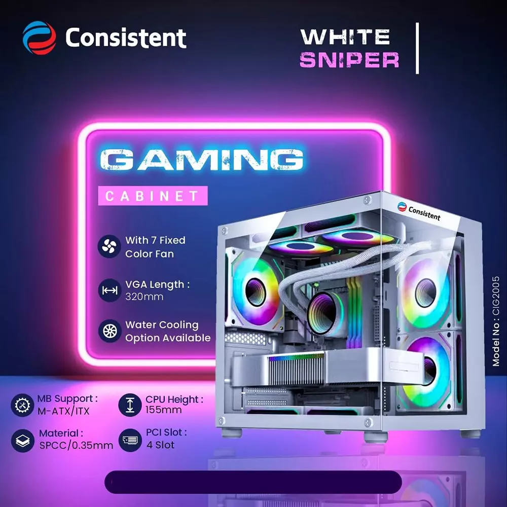 Consistent Sniper Gaming Cabinet Silver Supports Micro ATX Motherboard, CIG2005