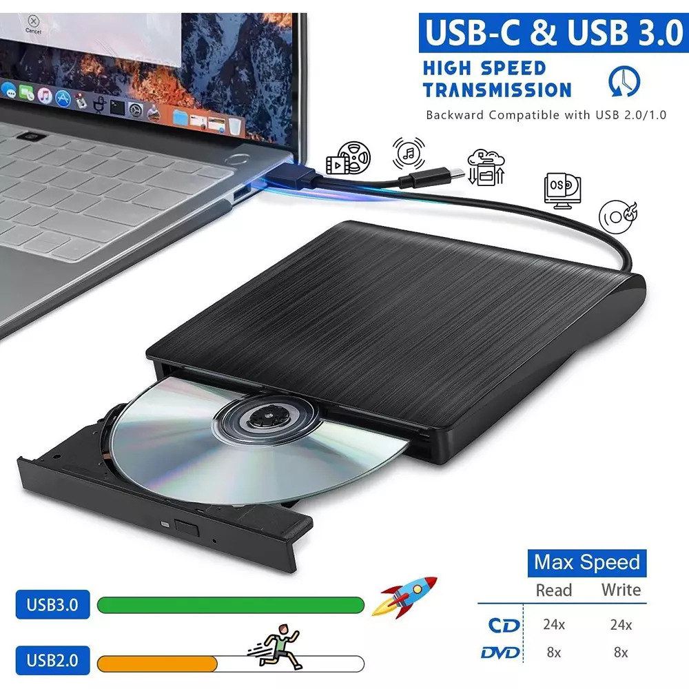 LOTA External DVD Drive USB 3.0 & Type-C CD Burner Compact & Lightweight Design Black, MST-3127-LT