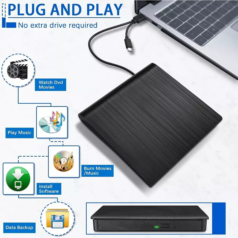 LOTA External DVD Drive USB 3.0 & Type-C CD Burner Compact & Lightweight Design Black, MST-3127-LT