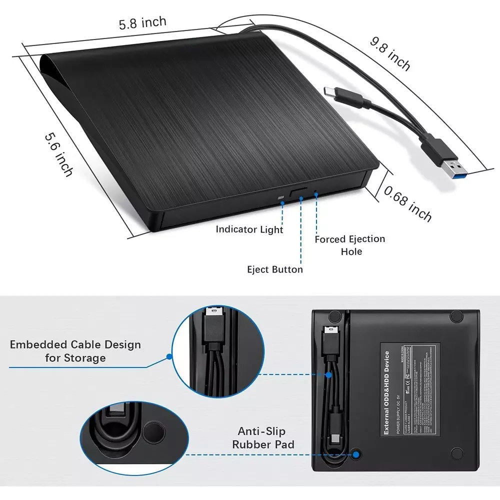 LOTA External DVD Drive USB 3.0 & Type-C CD Burner Compact & Lightweight Design Black, MST-3127-LT