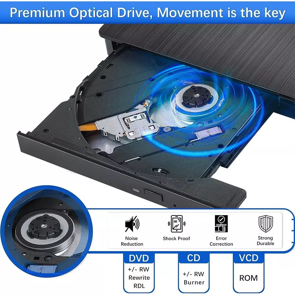 LOTA External DVD Drive USB 3.0 & Type-C CD Burner Compact & Lightweight Design Black, MST-3127-LT