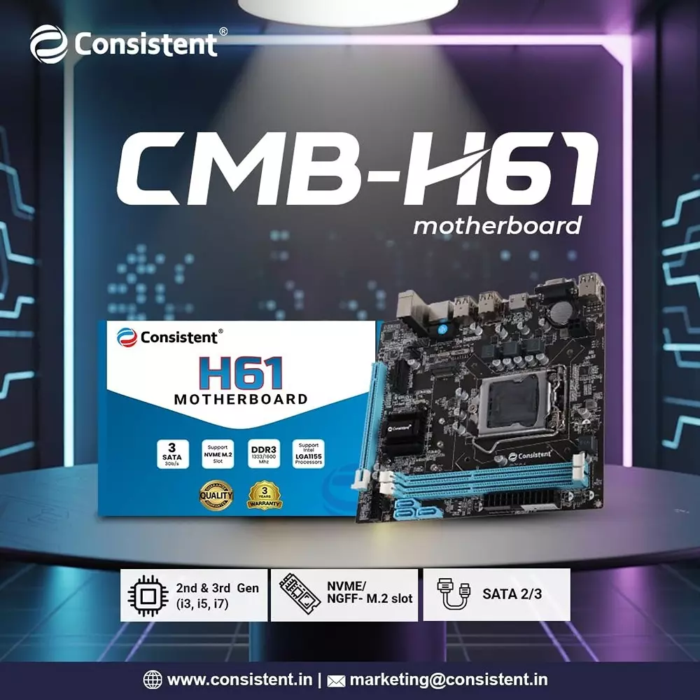 Consistent DDR3 Motherboard With NVME Slot 16 GB Ram Intel H61 + 82801GB(ICH7) Chipset