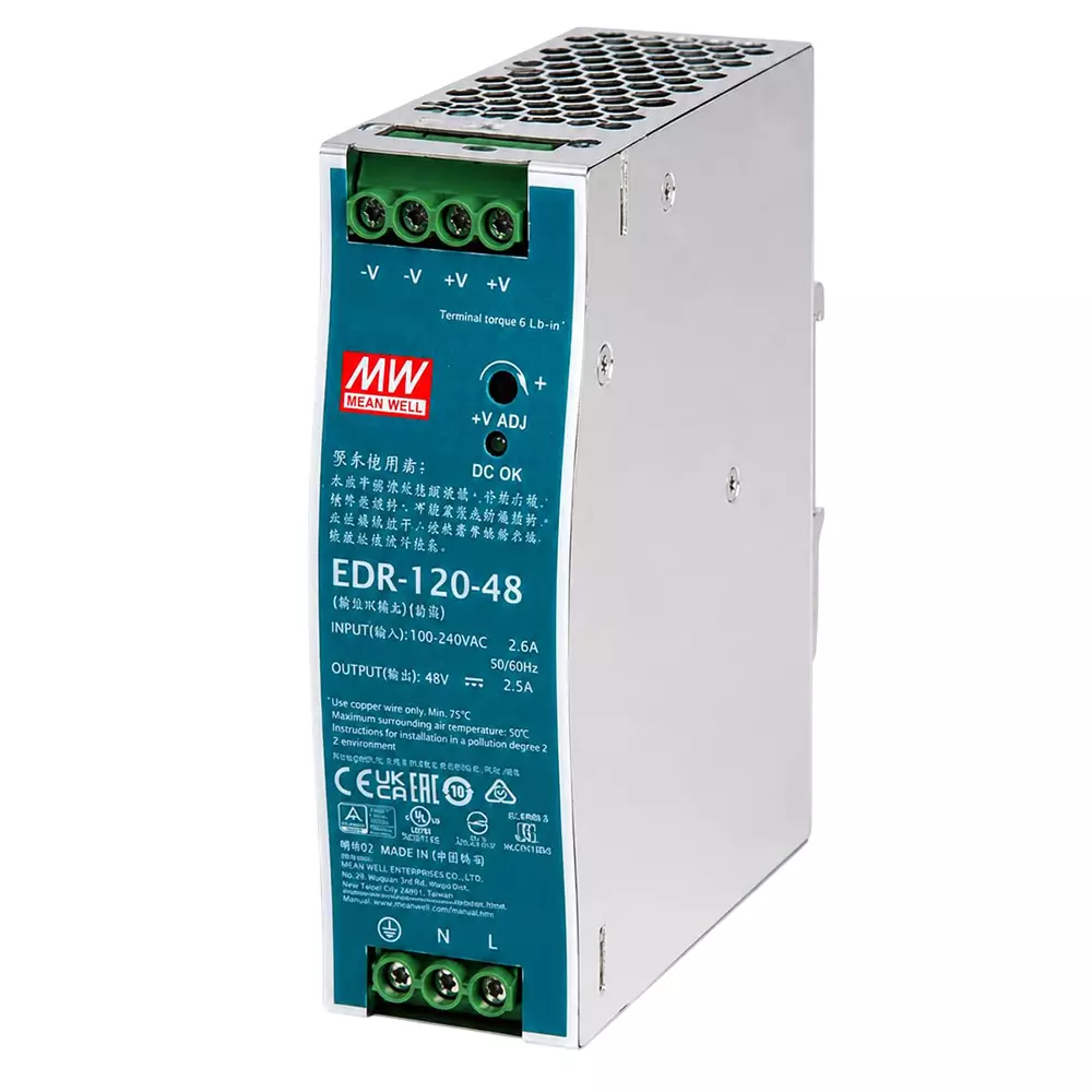 Mean Well DIN Rail Power Supply 120 W Output Wattage Industrial Grade, EDR-120-48