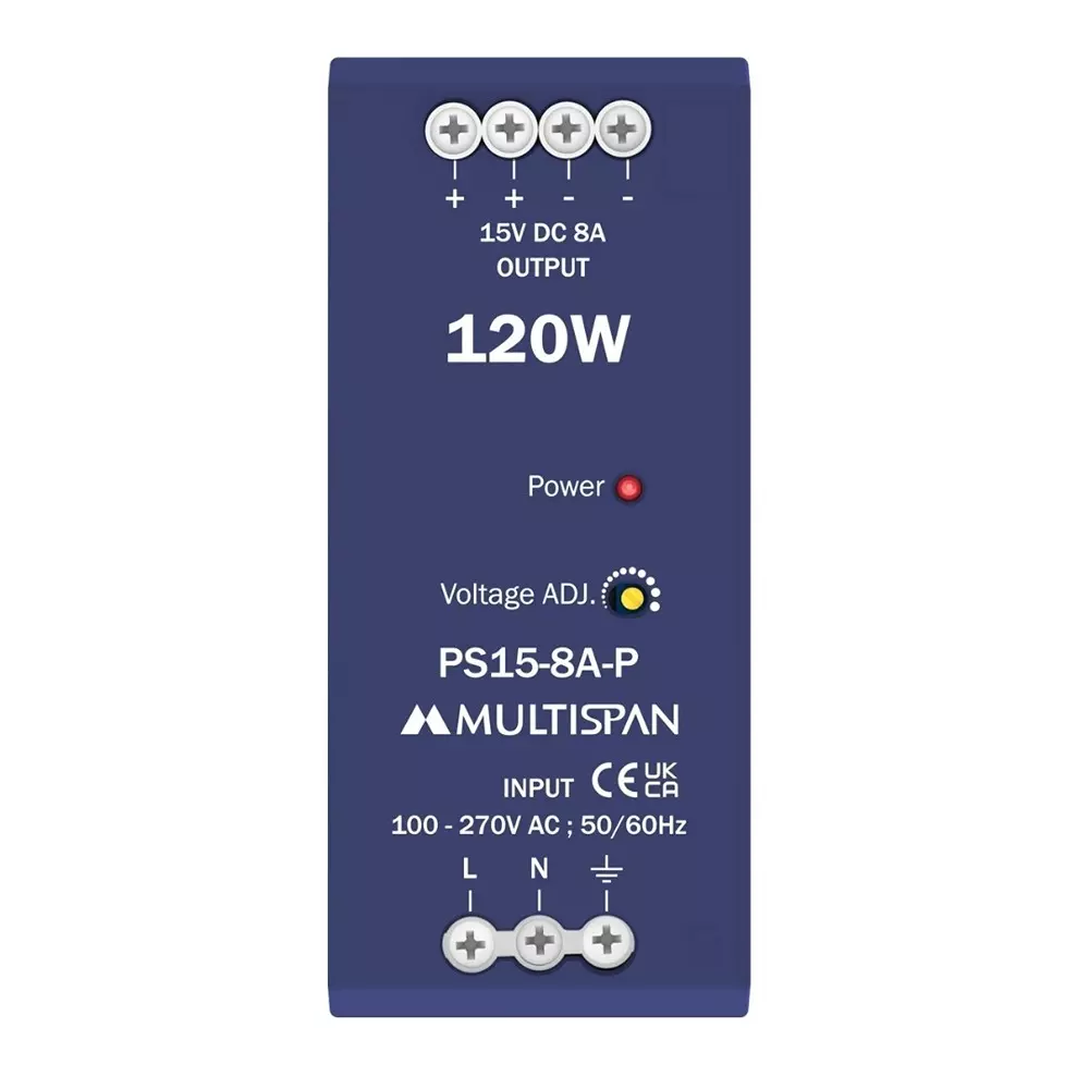 MULTISPAN Power Supply Plastic 105x45x110 mm 120 W Rated Power 8 A Ampere 15 V DC Output Voltage, PS15-8A-P