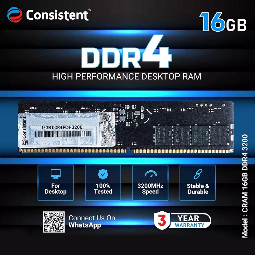 Consistent RAM 16 GB DDR4 3200 MHz Memory Speed DIMM for Desktop, Black